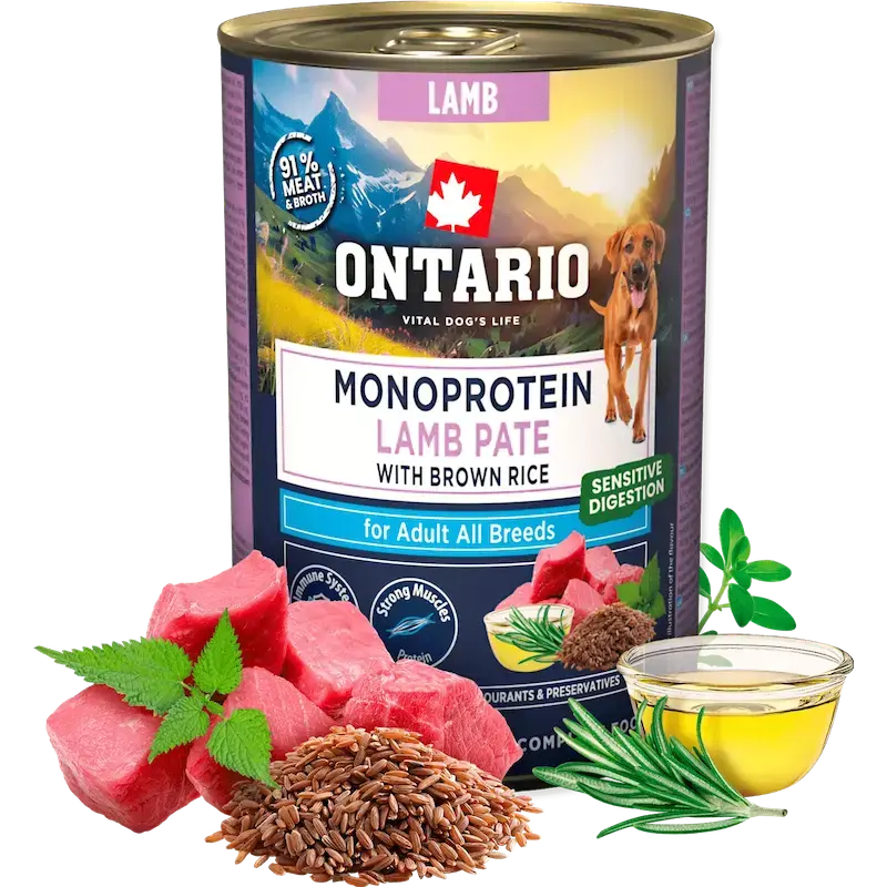 Konservi suņiem - Ontario Adult Monoprotein Lamb Pate with Brown Rice 400g