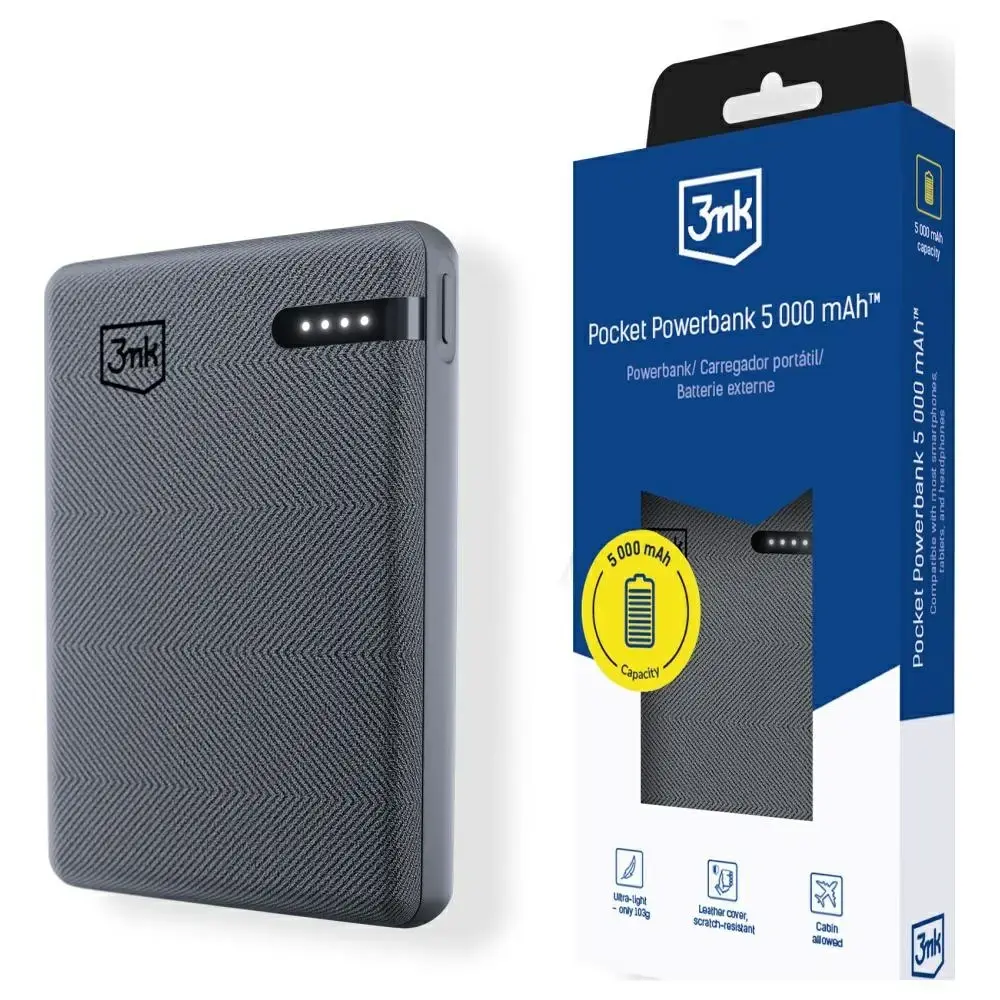 3MK Pocket ārējais akumulators (powerbank) | 5000 mAh | 12W | USB-C | pelēks