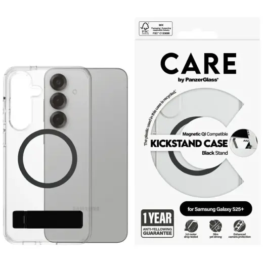 Etui CARE by PanzerGlass Feature Black    Kickstand & QI do Samsung Galaxy S25+ przezroczysty