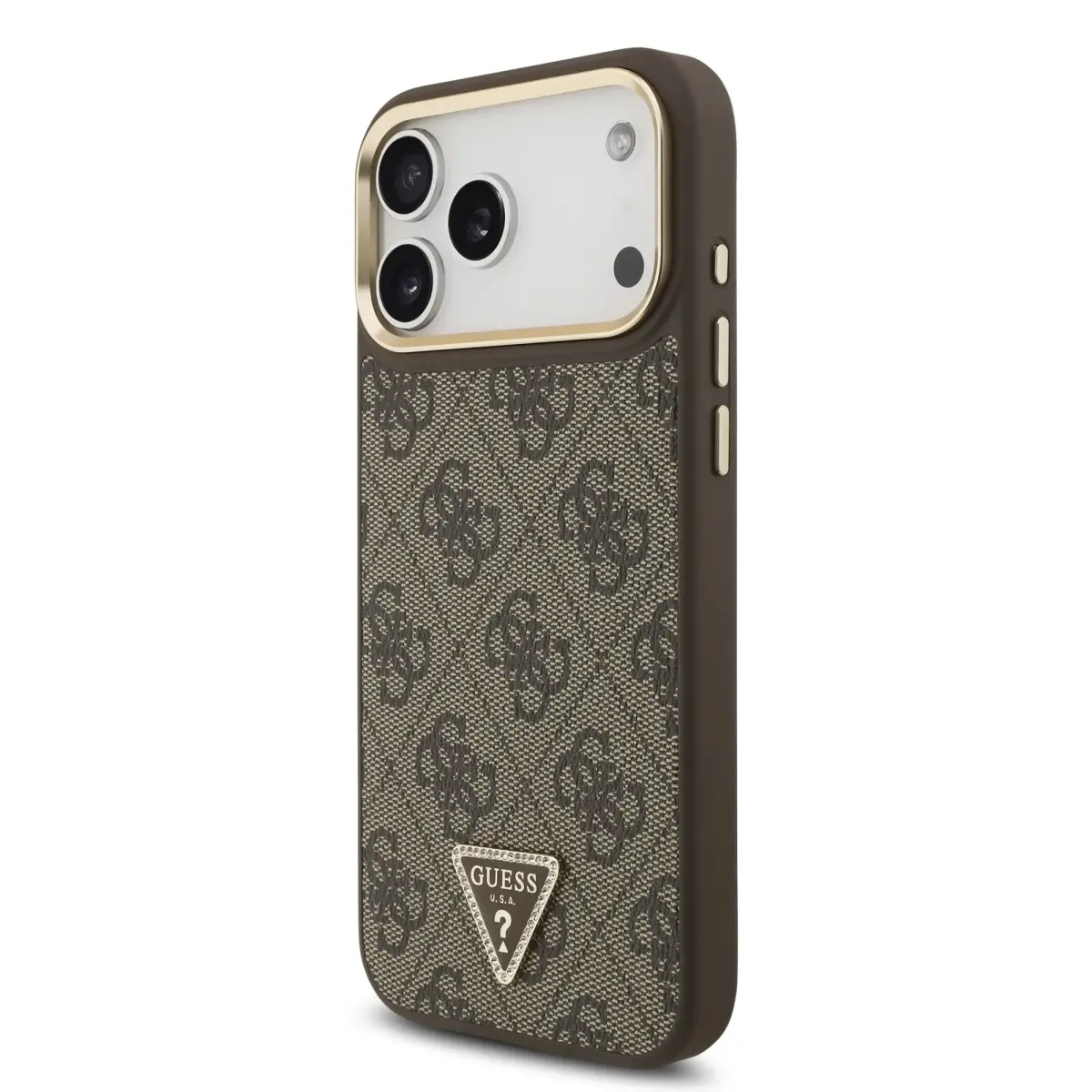 Guess PU Leather 4G Strass Triangle Logo Gold Frame MagSafe Case for iPhone 17 Pro Max Brown