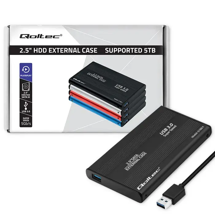 Qoltec alumīnija ārējā cietā diska korpuss HDD SSD 2,5 collu SATA3 | USB 3.0 | Melns