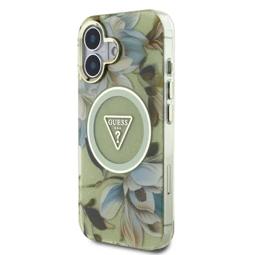 Guess IML Glitter Magnolia and Triangle Logo MagSafe Case for iPhone 16 Green