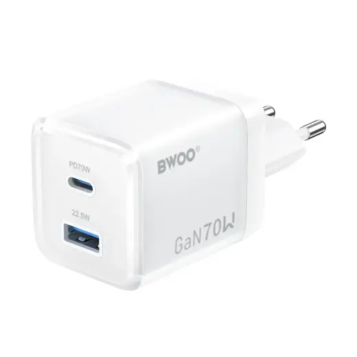 BWOO CDA224 tīkla lādētājs | 70W | PD, QC, GaN | USB-A, USB-C | balts