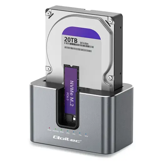 Qoltec 2-in-1 Docking Station with Cloning Function for HDD and SSD Drives | 2.5" 3.5" SATA 6Gb/s | M.2 NVMe 10Gb/s | USB-C 3.2 Gen 2 | 28TB | Aluminium