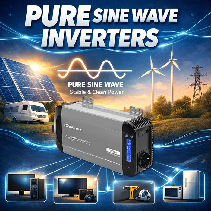 Qoltec Pure Sine Wave Inverter | 12V to 230V | 1000/2000W | LCD | USB | USC-C | Compatible with LiFePO4 GEL AGM
