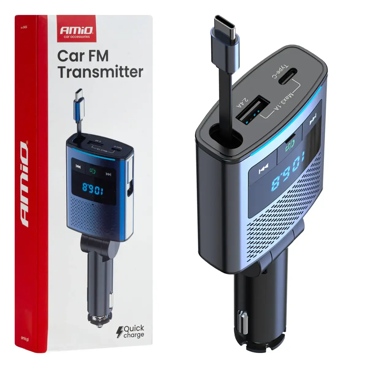 Car FM Transmitter 1×USB-A 1×USB-C 12V 24V AMIO-04656