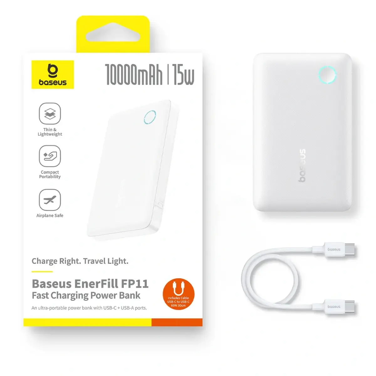 Baseus EnerFill FP11 ārējais akumulators (powerbank) | 10 000 mAh | 15W | USB-C | balts