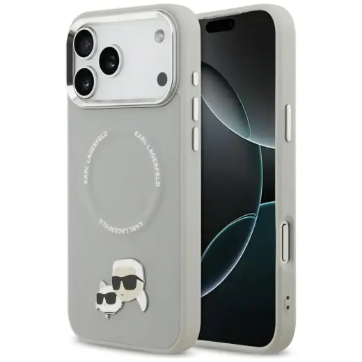 Karl Lagerfeld Karl & Choupette Pins MagSafe Case for iPhone 17 Pro Max Gray