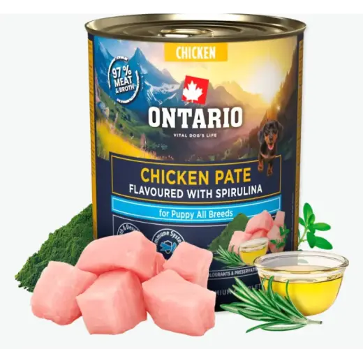 Konservi kucēniem – Ontario Puppy Chicken Pate Flavoured with Spirulina, 800 g
