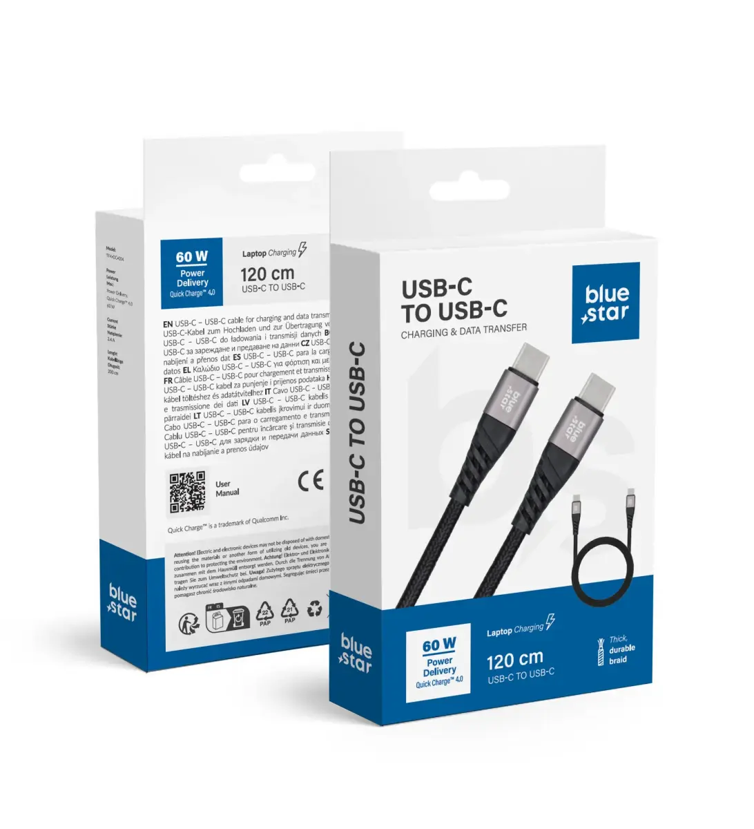 Blue Star TFK-DC-003 datu pārraides un uzlādes vads | USB-C uz USB-C | PD, QC 4.0 | 60W | 1.2m | melns