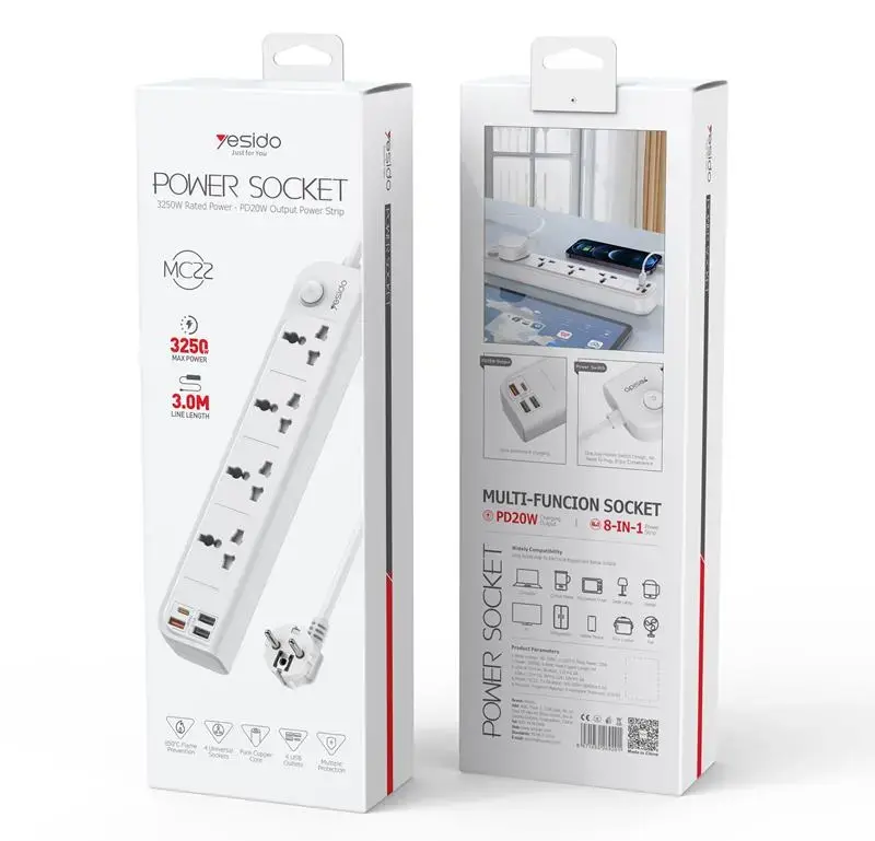 YESIDO MC22 EXTENSION CABLE 8IN1 3M 3250W 3XUSB-A+C WHITE