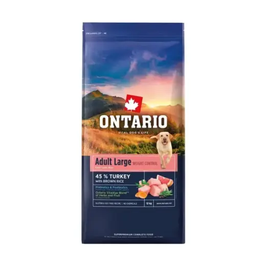 Barība suņiem – Ontario Large, Weight Control, Turkey and Brown Rice, 12 kg