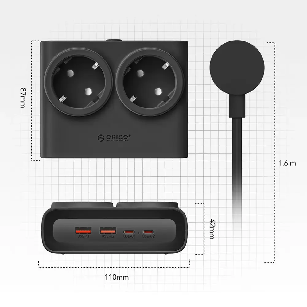 Orico PDC25 25W 6in1 Power Strip 2x AC + 2x USB-A + 2x USB-C - Black