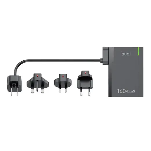 Universal Wall Charger Budi 350, GaN PD+ QC3.0, 5xUSB-C+1xUSB-A, 160W US|UK|EU (black)
