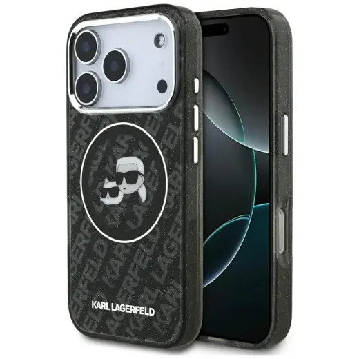 Karl Lagerfeld IML Glitter Karl & Choupette Heads Logo maciņš ar MagSafe atbalstu telefonam iPhone 17 Pro melns