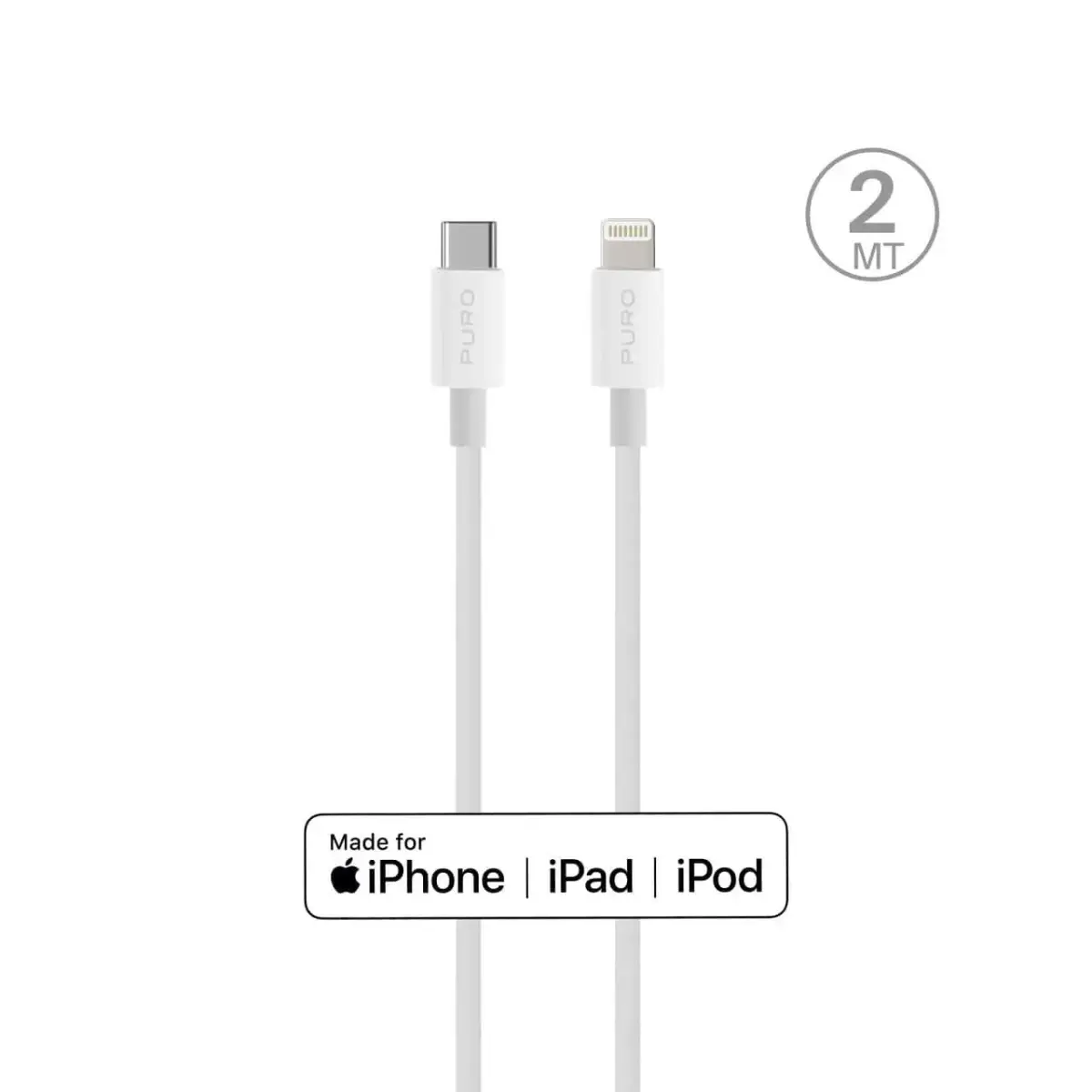 Puro Plain datu pārraides un uzlādes vads | MFI sertificēts | USB-C uz Lightning | 12W | 2m | balts