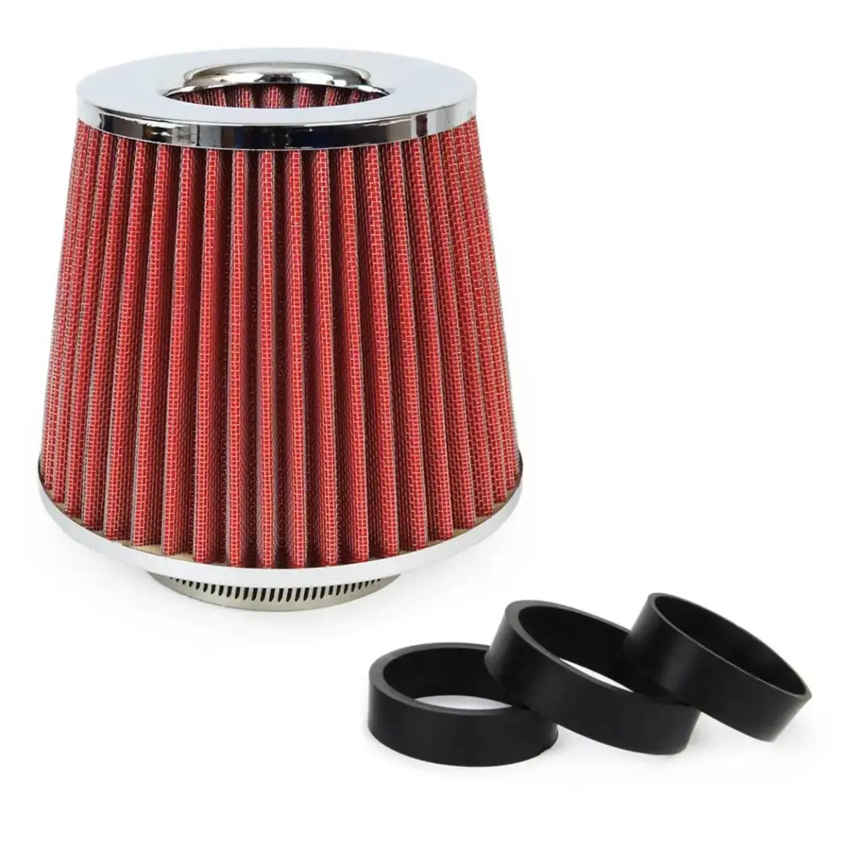Car Air Conical Filter red/chrome, universal, 3 mouting adapters AMIO-01282