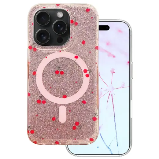 Cherry Mag Glitter telefono dėklas su MagSafe palaikymu iPhone 15 Pro raudonas