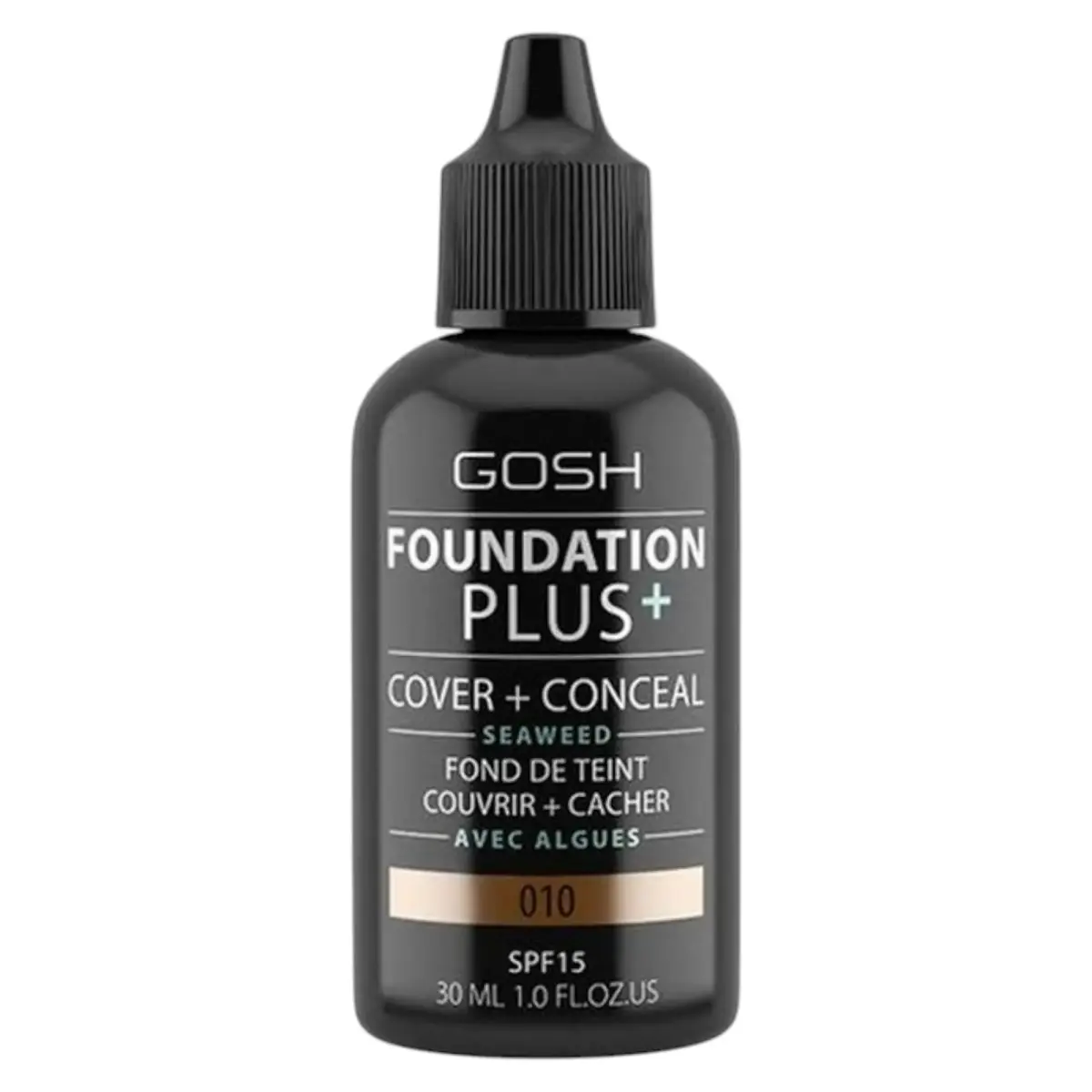 Gosh, Foundation Plus+, Cover & Conceal, Liquid Foundation, 010, Tan, SPF15, 30 ml