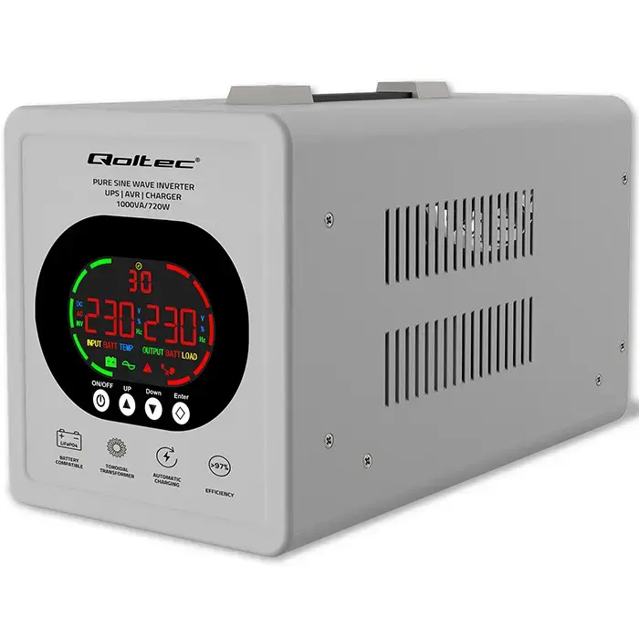 Qoltec Pure Sine Wave UPS | 1000VA/720W | 12/230V inverter with AVR | LCD | LiFePO4 AGM GEL
