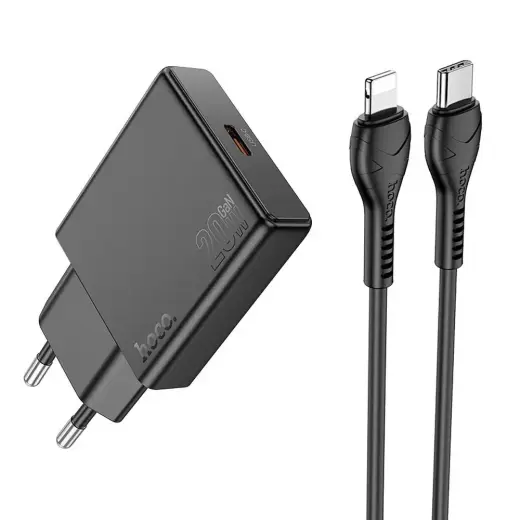 Зарядное устройство HOCO N37 | 20W | PD, QC | USB-C | с кабелем USB-C на Lightning в комплекте | чёрное
