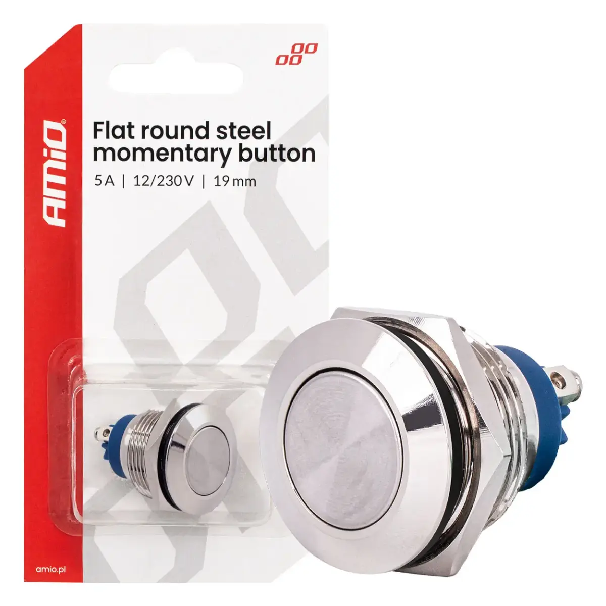 Flat round steel momentary button 19 mm, 5 A, 12/230 V, AMIO-04436
