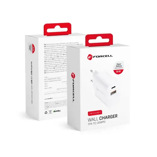 Forcell F-Energy TFK-TC-30WPD tīkla lādētājs | 30W | PD, QC | USB-C, USB-A | balts