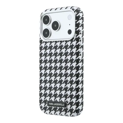 Karl Lagerfeld PU Houndstooth Resin Plate maciņš ar MagSafe atbalstu telefonam iPhone 17 Pro melns