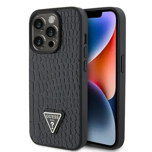 Guess GUHCP15LPCRTHCK iPhone 15 Pro 6.1" czarny|black hardcase Croco Triangle Metal Logo