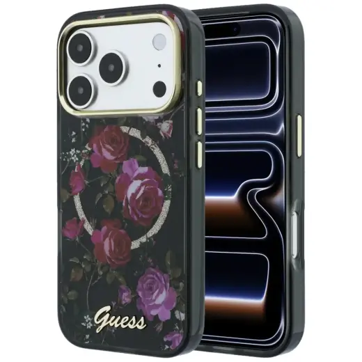 Guess IML Glitter Blossom Roses Case for iPhone 17 Pro / 18 Pro - Black