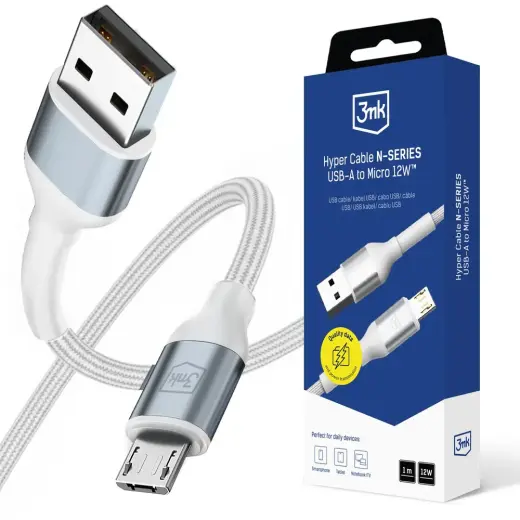 3mk Hyper N-SERIES duomenų perdavimo ir įkrovimo laidas | USB-A į Micro USB | 12W | 1m | baltas