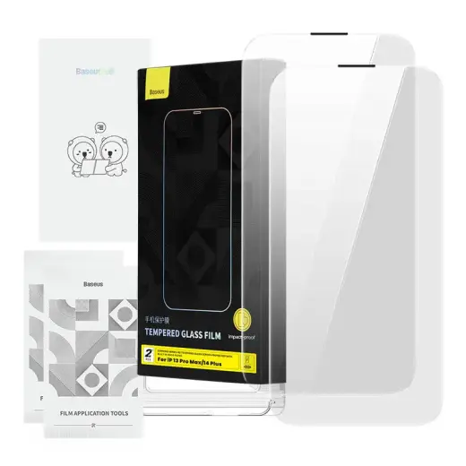 Baseus Corning ekrāna aizsargstikls priekš iPhone 13 Pro Max|14 Plus ar iebūvētu putekļu filtru