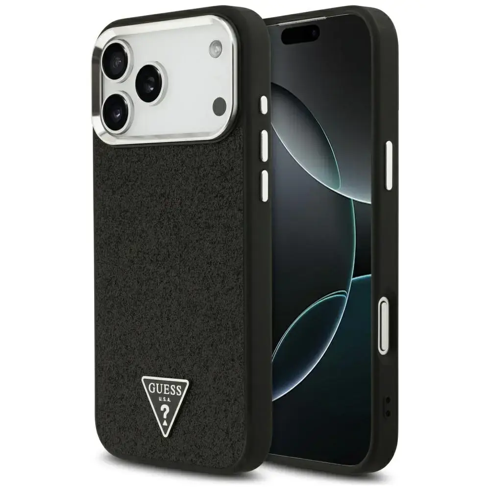 Guess Glitter Triangle Logo maciņš ar MagSafe atbalstu telefonam iPhone 17 Pro Max melns