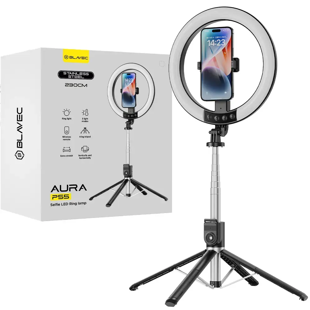 Blavec Selfie Ring lamp Aura LED Ring P55 25cm tripod + remote control + 2,3 metres (RLP55-TRB23) black