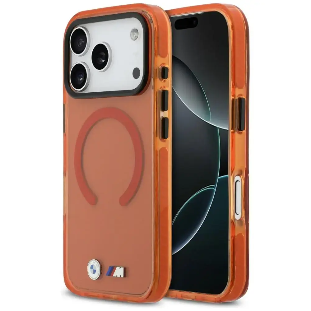 BMW M IML Shockproof Metal Logos phone case with MagSafe support for iPhone 17 Pro Max orange