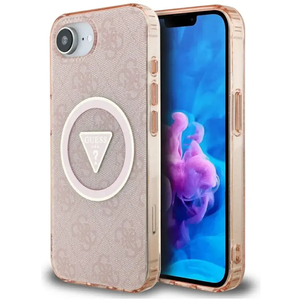 Guess IML Metāla Glitter 4G Circle Triangle MagSafe telefona maciņš iPhone 16e rozā