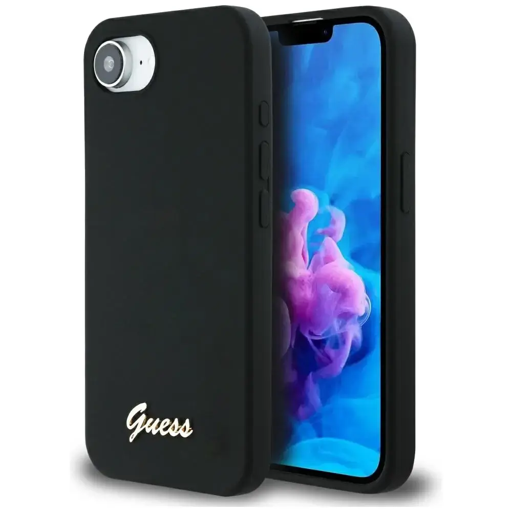 Case Guess Silicone Script Metal Logo    MagSafe for iPhone 16e black