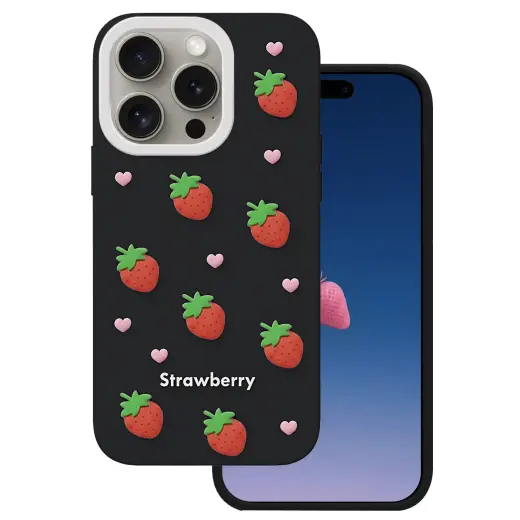 Strawberry telefono dėklas iPhone 14 Pro | iPhone 15 Pro juodas