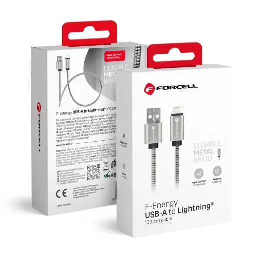 Forcell F-Energy C236 duomenų perdavimo ir įkrovimo laidas | USB-A į Lightning | 12W | 1m | sidabrinis