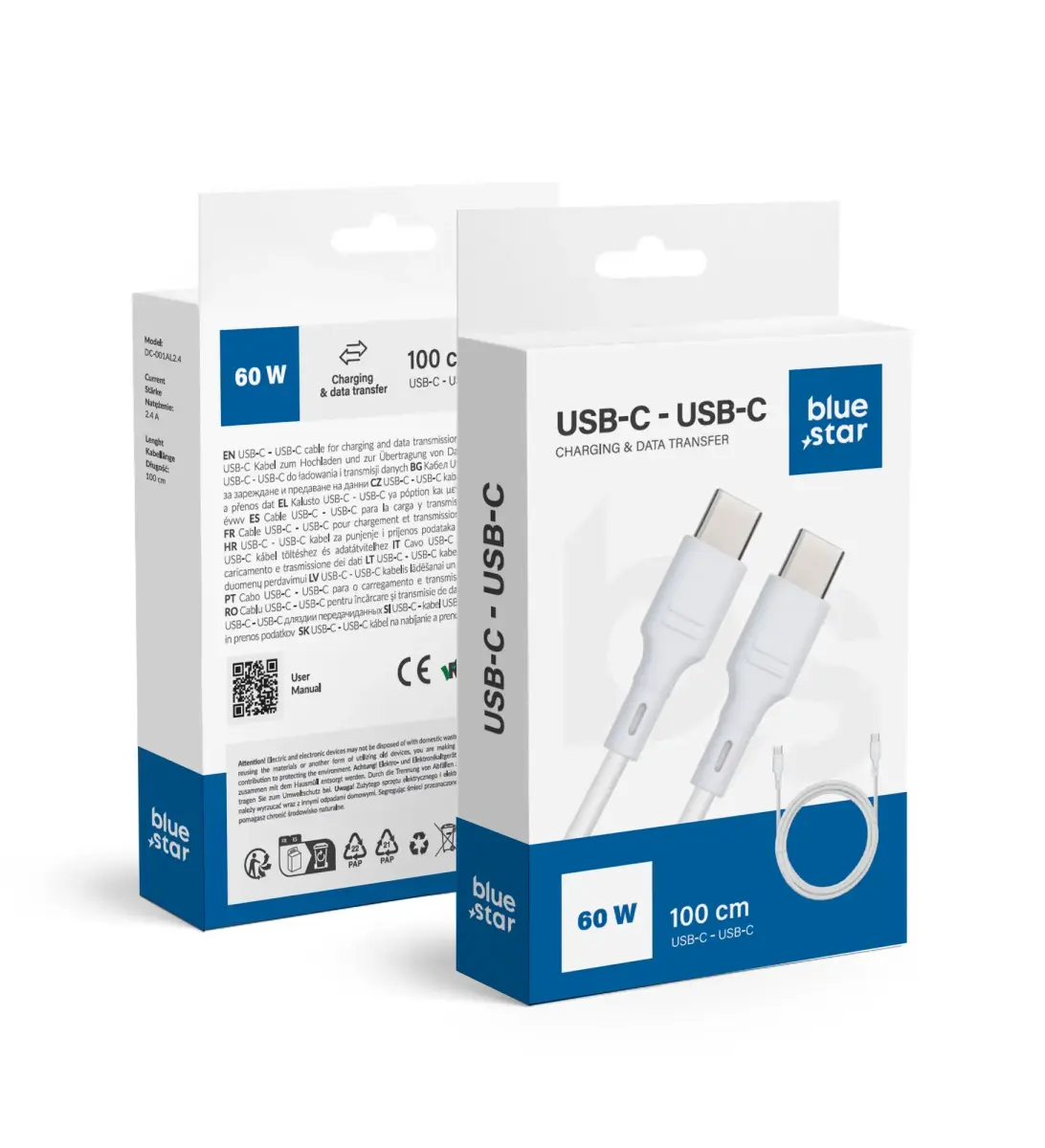 Cable USB C to USB C Blue Star 3A 60W 1 m DC-001CC3.0 white
