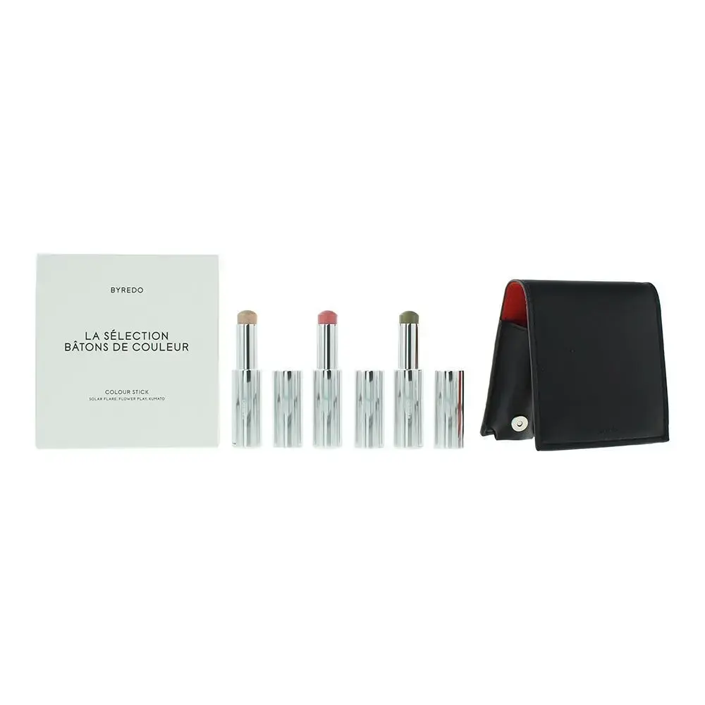 Orange Set Byredo: Colour Stick, Multifunctional, Eyeshadow Stick, 509, Solar Flare, 3.5 g + Colour Stick, Multifunctional, Eyeshadow Stick, Kumato Face, 3.5 g + Colour Stick, Multifunctional, Eyeshadow Stick, Flower Play, 3.5 g + Byredo, GWP Leather Pouch