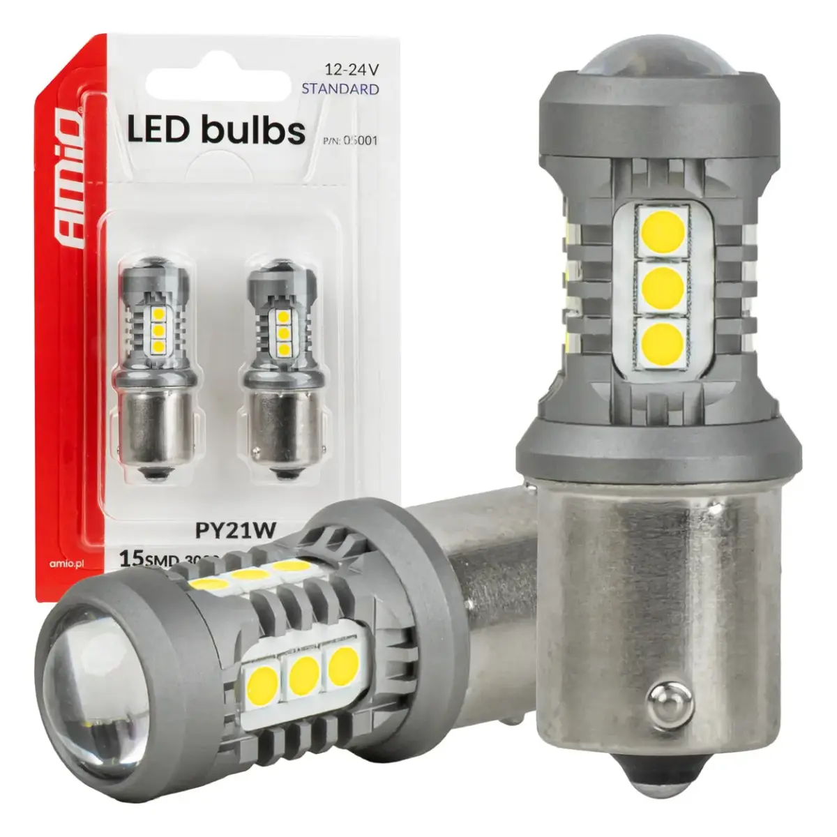 LED bulbs STANDARD BAU15S PY21W 3030 15SMD White 12/24V AMIO-05001