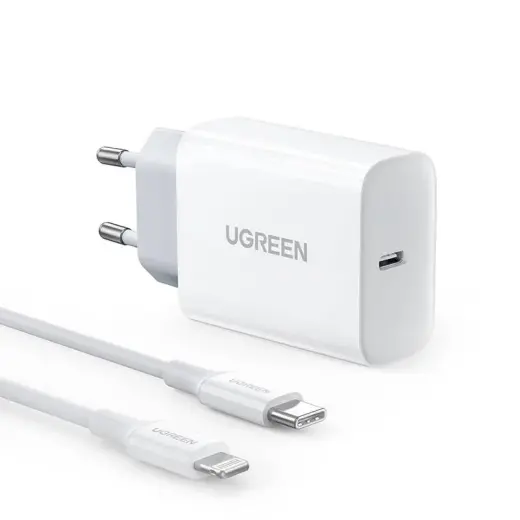 UGREEN CD137, 20W PD 3.0 USB-C Wall Charger (White) + cable IP to USB-C (white)