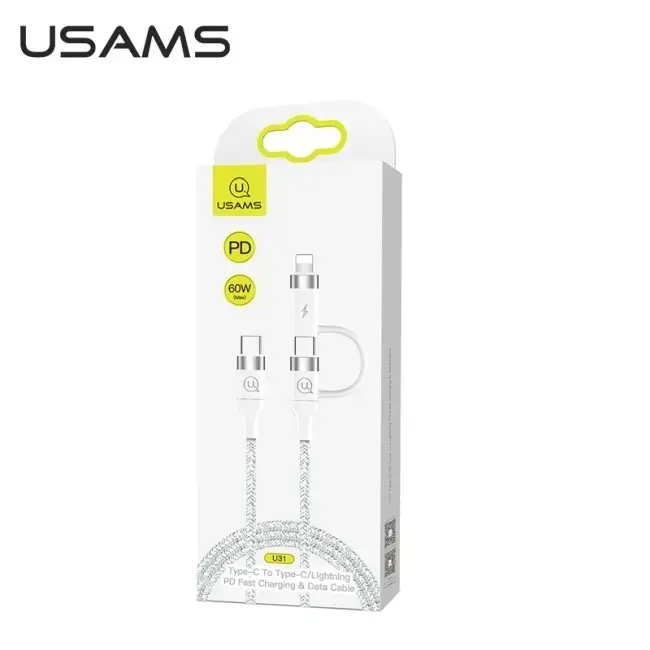 USAMS SJ403 datu pārraides un uzlādes vads | USB-C uz USB-C, USB-C uz Lightning | 60W | balts