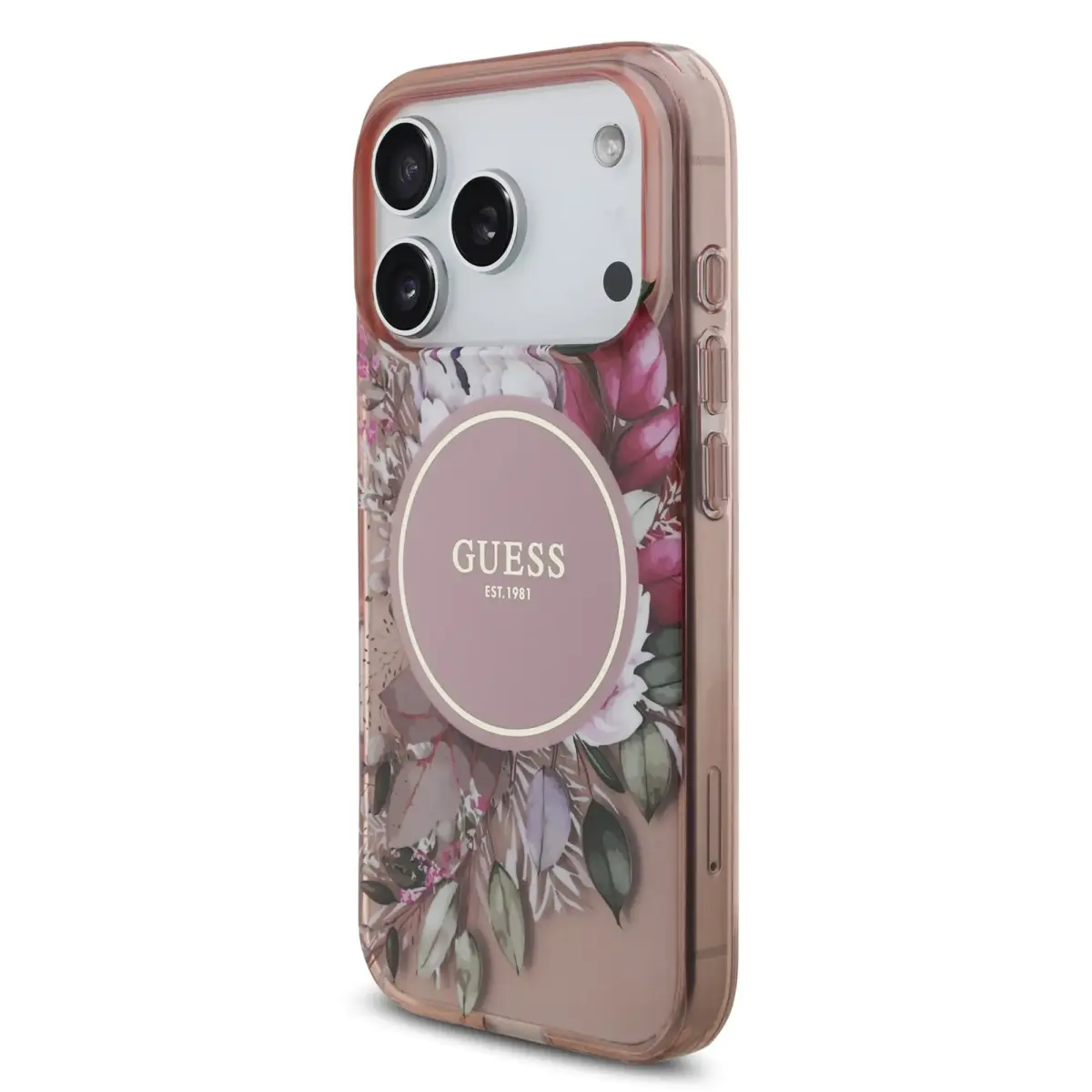 Guess IML Flowers Strap MagSafe Case for iPhone 17 Pro Pink