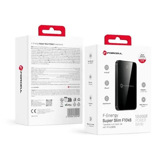 Forcell F-Energy SuperSlim F10K8 ārējais akumulators (powerbank) | 10 000 mAh | 15W | PD, QC | USB-C, MagSafe | melns
