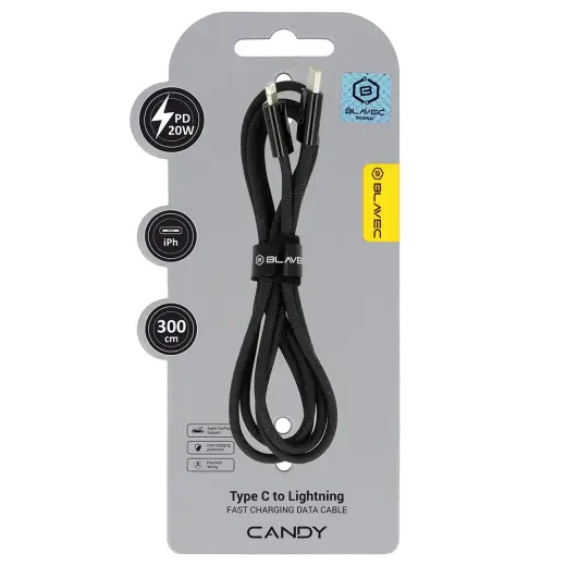 Blavec Candy CCA-CL24B30 datu pārraides un uzlādes vads | USB-C uz Lightning | PD | 20W | 3m | melns