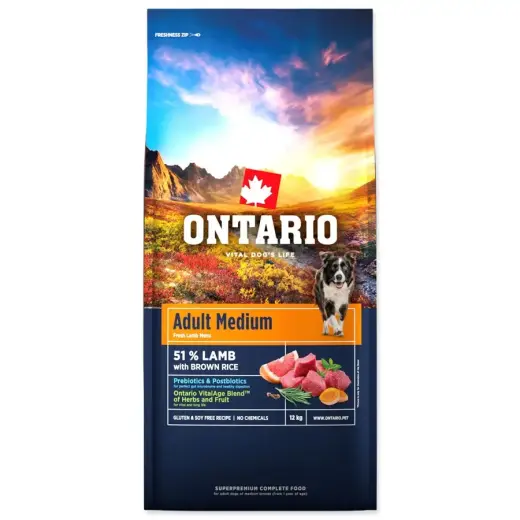 Sausa barība suņiem - Ontario Adult Medium Lamb and Brown Rice, 12 kg