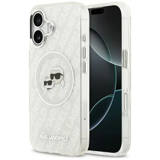 Karl Lagerfeld IML Glitter Karl & Choupette Heads Logo telefoniümbris MagSafe toega iPhone 17 jaoks, hall