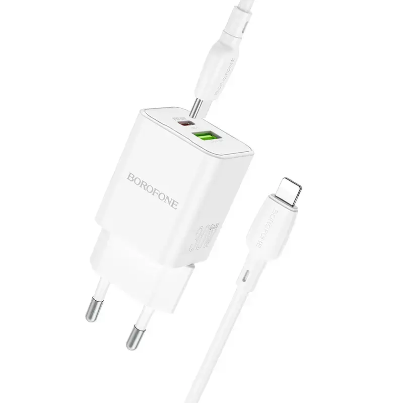 Borofone BN14 travel charger | 30W | QC3.0, PD | USB-A, USB-C | with Type C to Lightning cable included | white